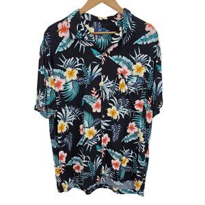 George Mens Hawaiian Button Down Shirt XL Black Tropical Short Sleeve Resort